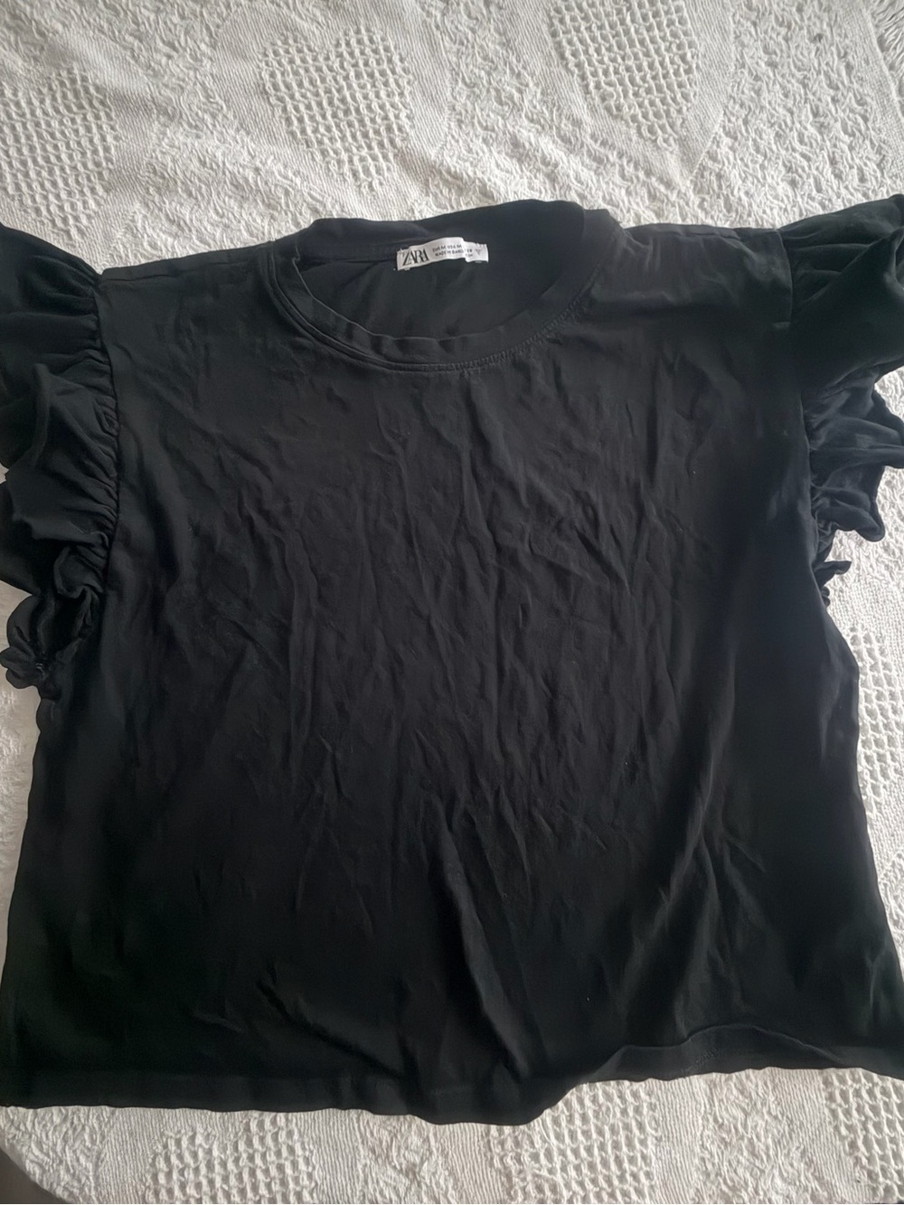 Zara Black Ruffle Sleeve Short Sleeve Tee